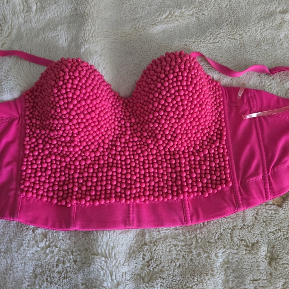 Fuchsia Pearl BeadedPush Up Bustier Bra CropTop - Picture 4 of 7